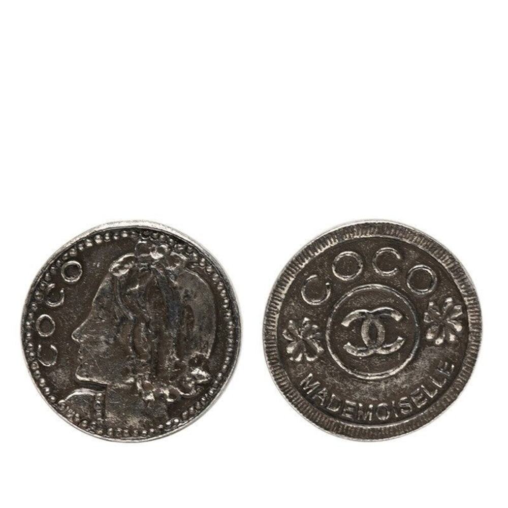 Chanel CC Logo Round Metal Earrings Silver
